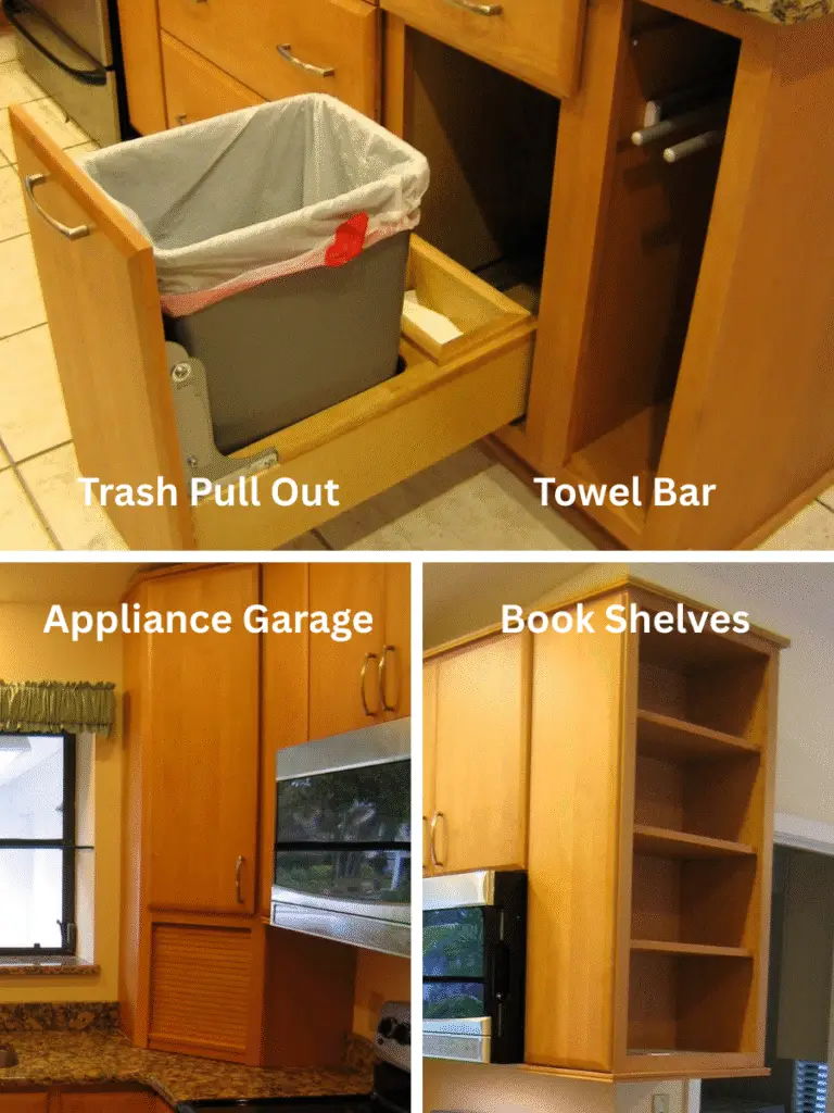 Custom kitchen features including a trash pull out, appliance garage, and built-in cookbook shelf