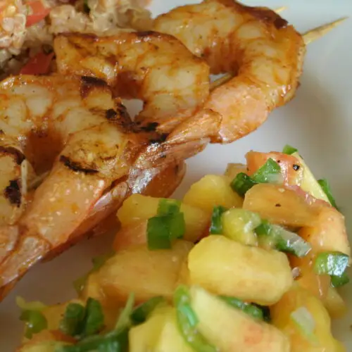 Tex Mex Rubbed Shrimp Skewers with Peach Salsa