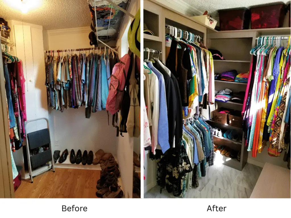 Before and after of a small, messy closet transformed into a custom-organized space