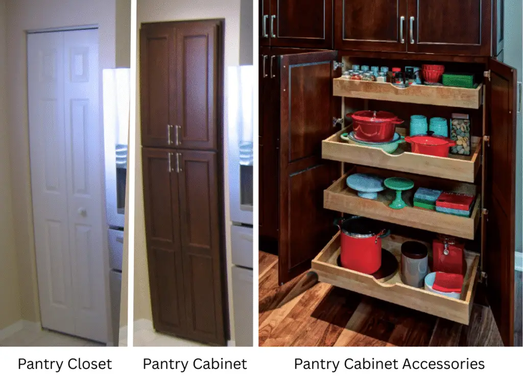 Before and after of a small pantry closet and increased storage with a custom pantry cabinet