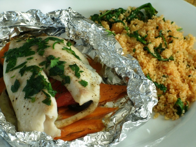 Change of Seasons: Grilled Tilapia Packets with Tomato Arugula Cous Cous