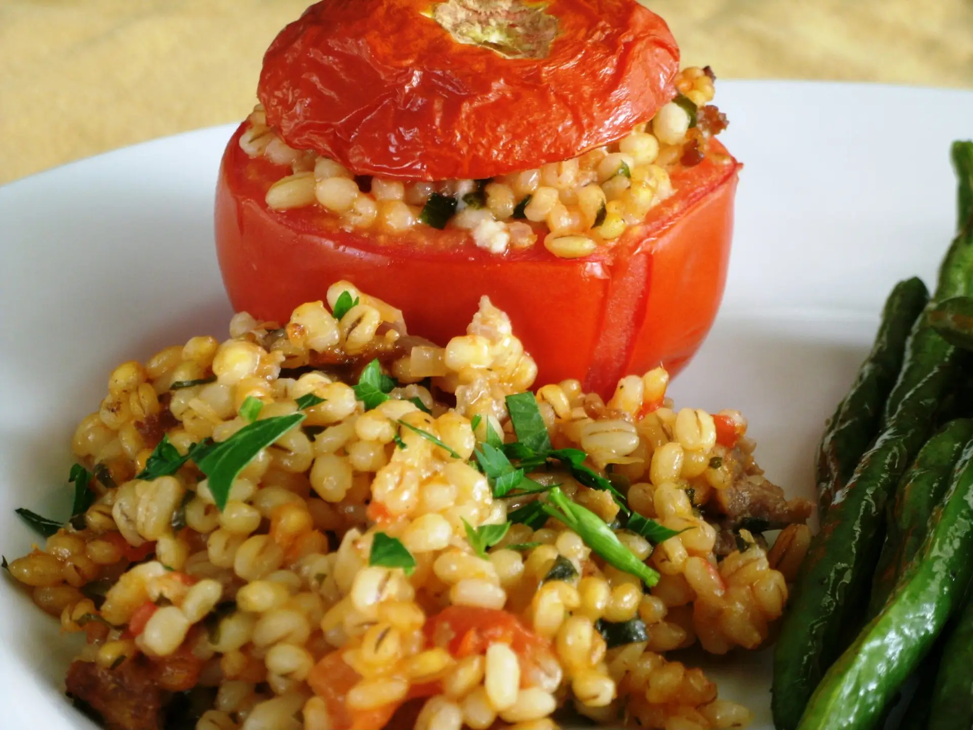 Sausage and Barley Stuffed Tomatoes