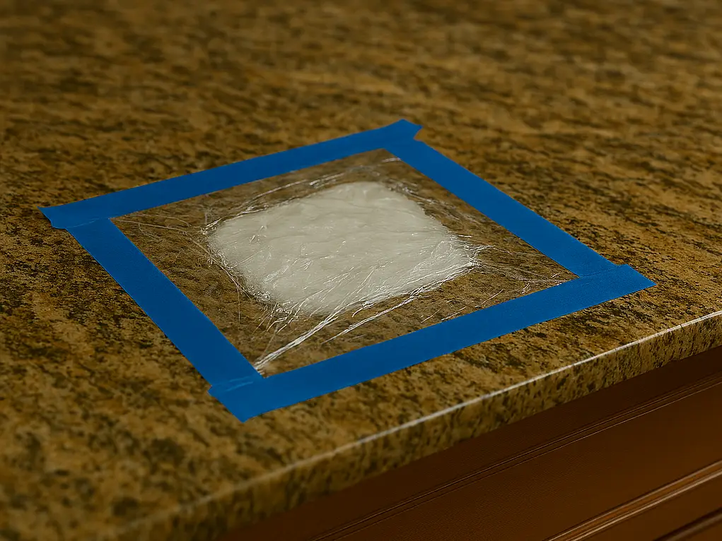 a granite stain treated with a poultice, covered and sealed under plastic wrap. ai generated image