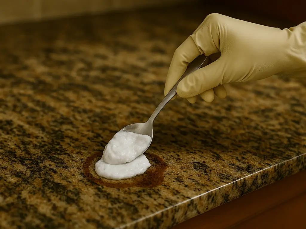 applying a poultice to a granite countertop stain. ai generated image