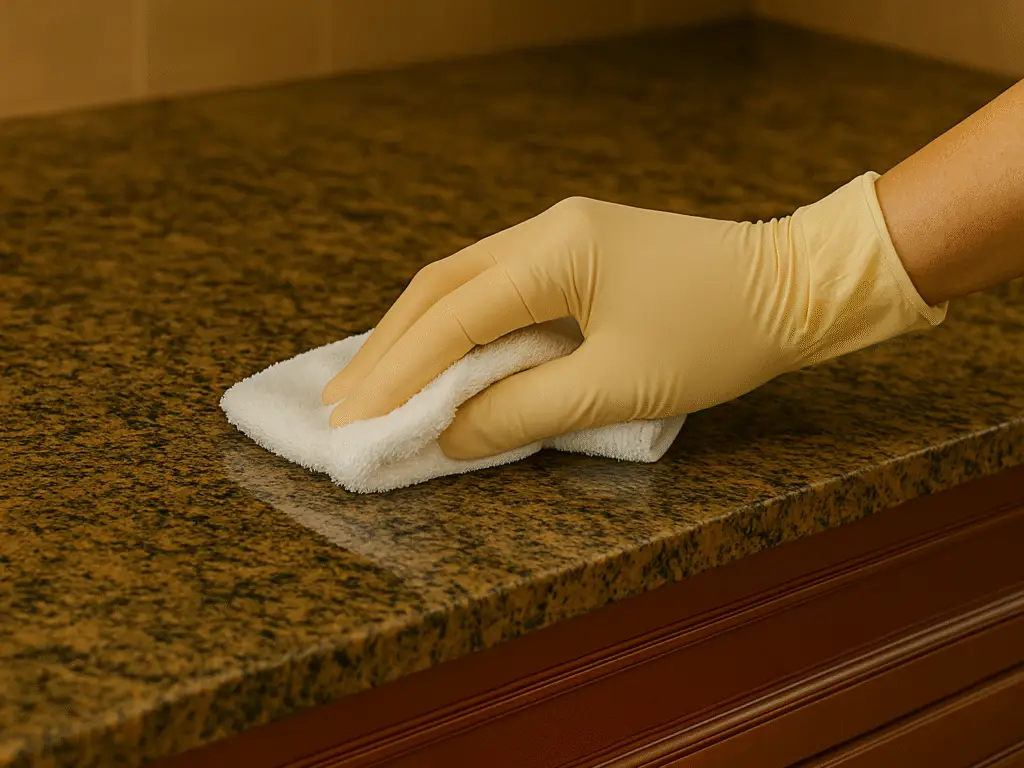 buffing away the remains of a poultice used to remove a granite countertop stain. ai generated image