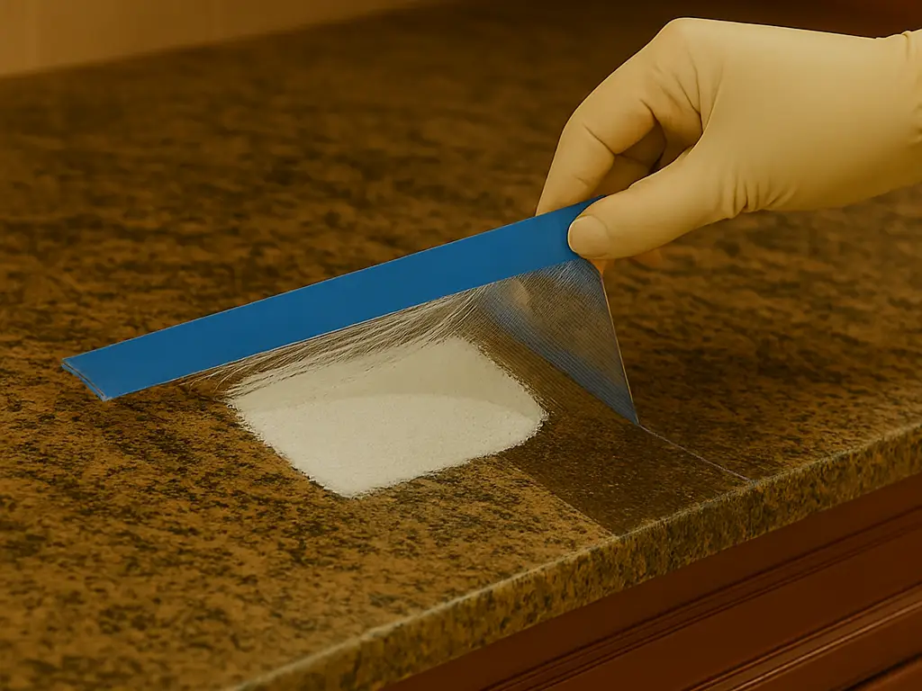 peeling platic wrap away to reveal a treated granite stain. ai generated image