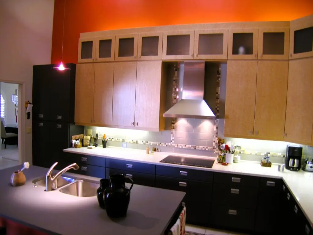 Frosted glass doors line the top of upper cabinetry in a recent kitchen remodel in Sarasota