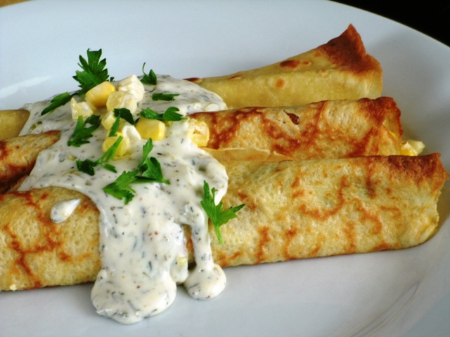 Crepe Crusader: Sweet Corn Crepes with Scallion Dill Sauce