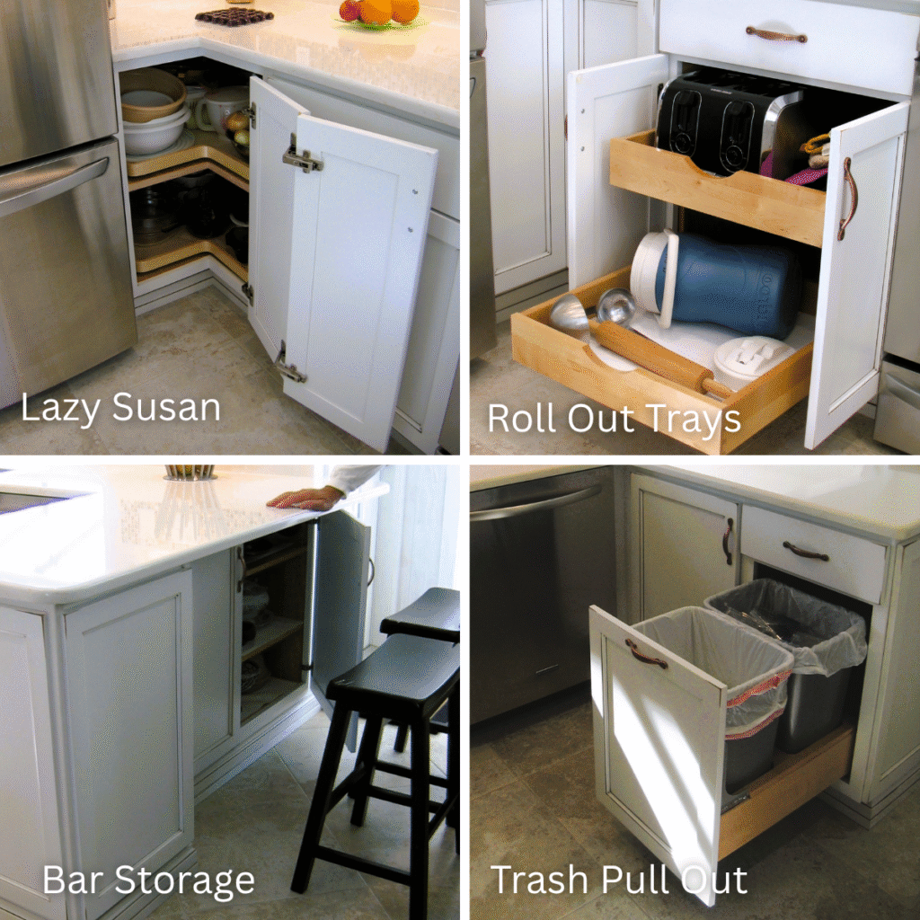 Kitchen cabinet storage solutions including Lazy Susan, roll out trays, and trash pull out for efficient organization