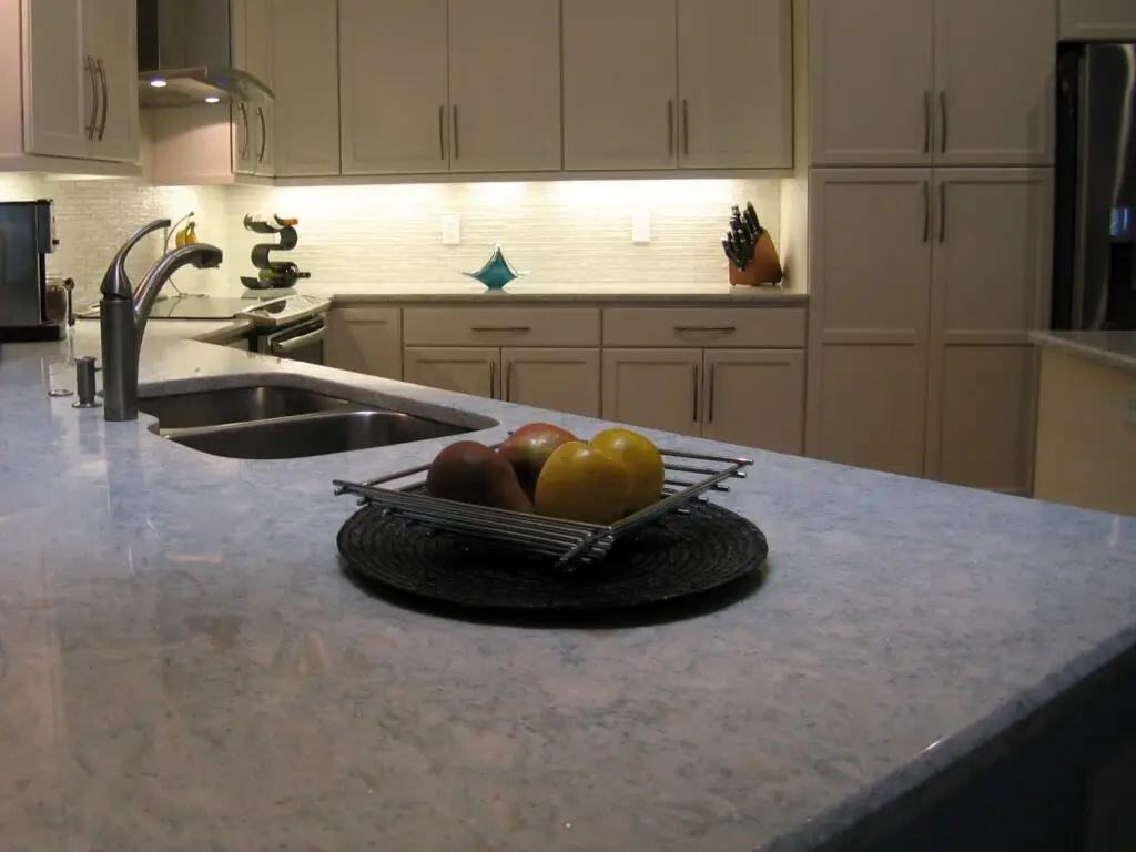 A remodeled kitchen with clean countertops