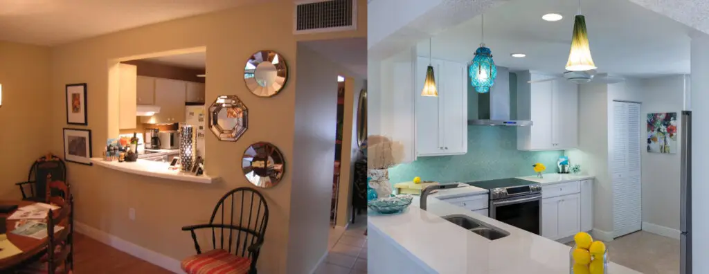 Redesigning your existing kitchen can be 15%-25% of your homes value because walls and mechanics are eliminated or moved as shown in this before and after photo of a recent kitchen remodel