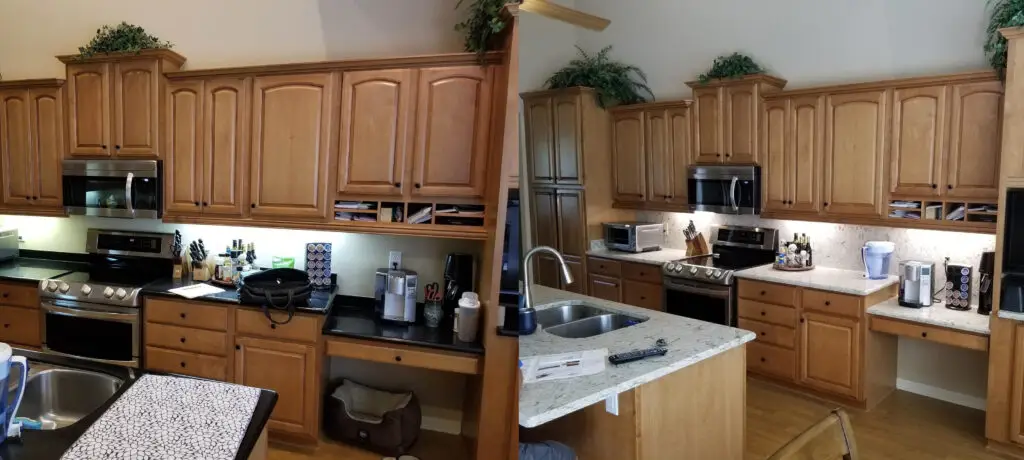Before and after a kitchen refresh where only the countertops were replaced, costing a lower percentage of the home's value.