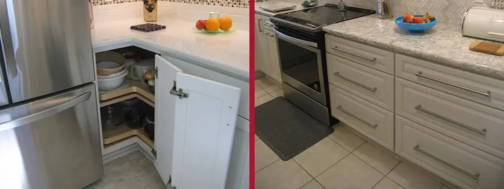 Internal cabinet accessories are shown in this recent kitchen remodel. Items like lazy susans, roll out trays, and deep drawers will make storage and access user-friendly.