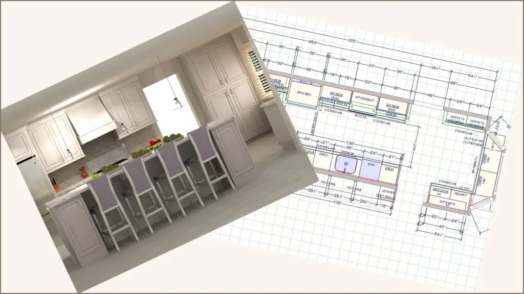 a kitchen rendering layered with a kitchen floorplan