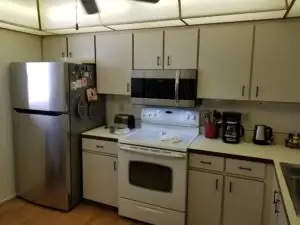 Inadequate storage for a full-time resident and a date look in this Before kitchen photo