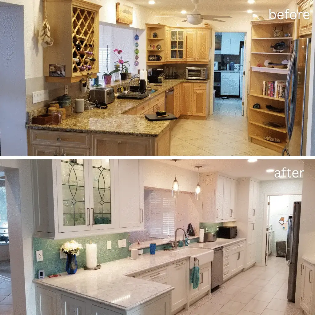A before and after image showing a dramatic kitchen transformation from outdated to modern, highlighting the impact of a remodel
