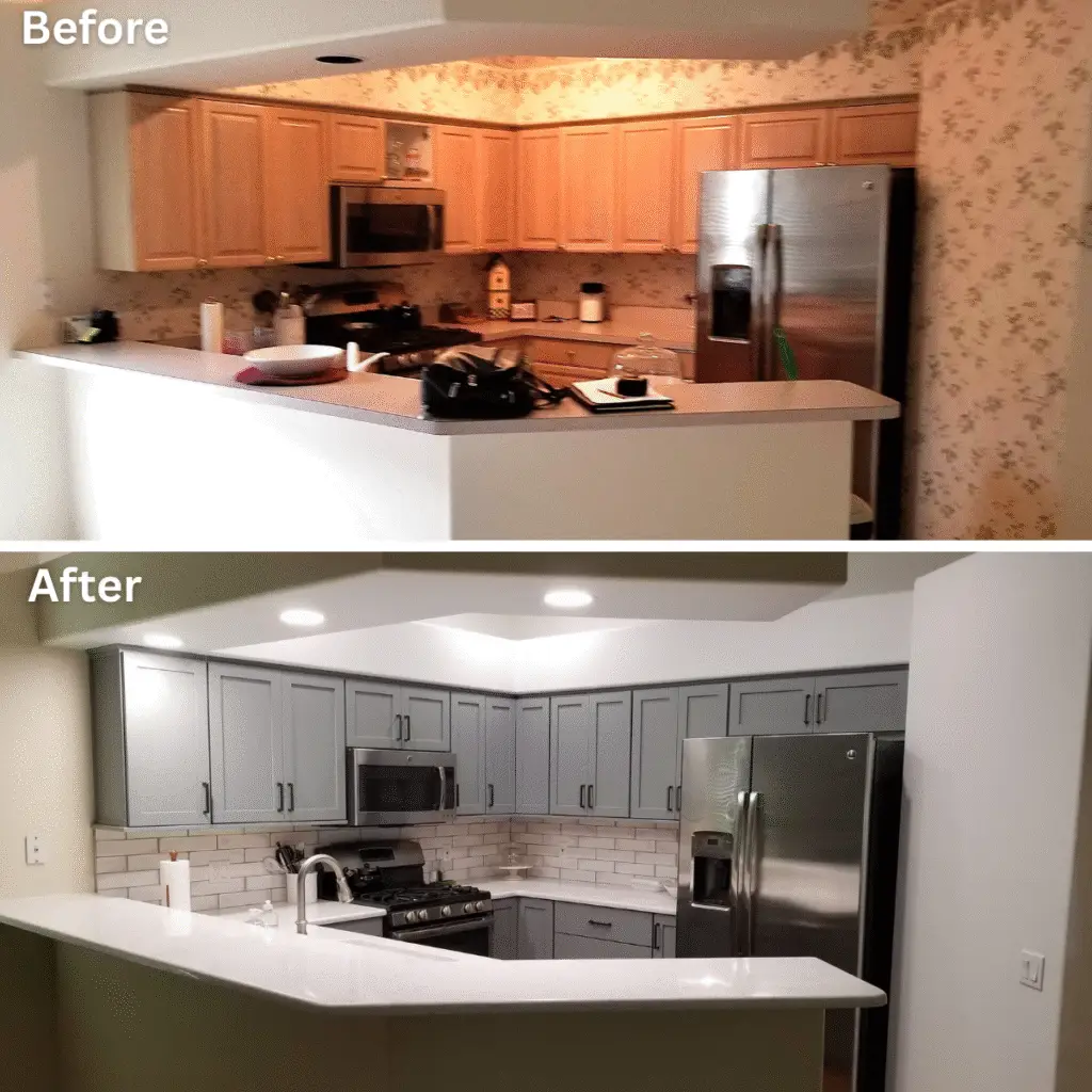 A before and after image showing a stunning kitchen renovation achieved with a $30,000 budget