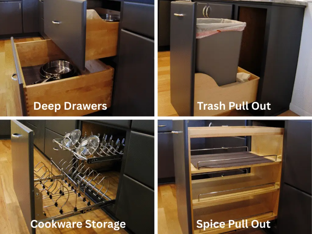 A detail shot of a well-organized kitchen with drawers, spice pull out, cookware storage and a trash pull out, demonstrating smart storage solutions