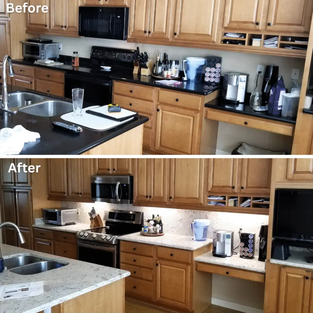 Before and after photos of a stylish, mid range quartz countertop replacement, showing how to achieve a premium look on a budget