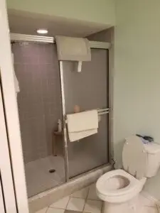 Before photo of the original master bathroom shower with soffits and traditional tile