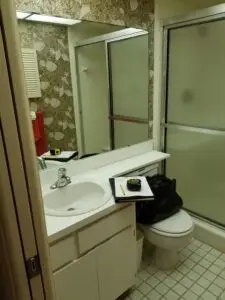 Bold wallpaper and vanity in original hall bathroom