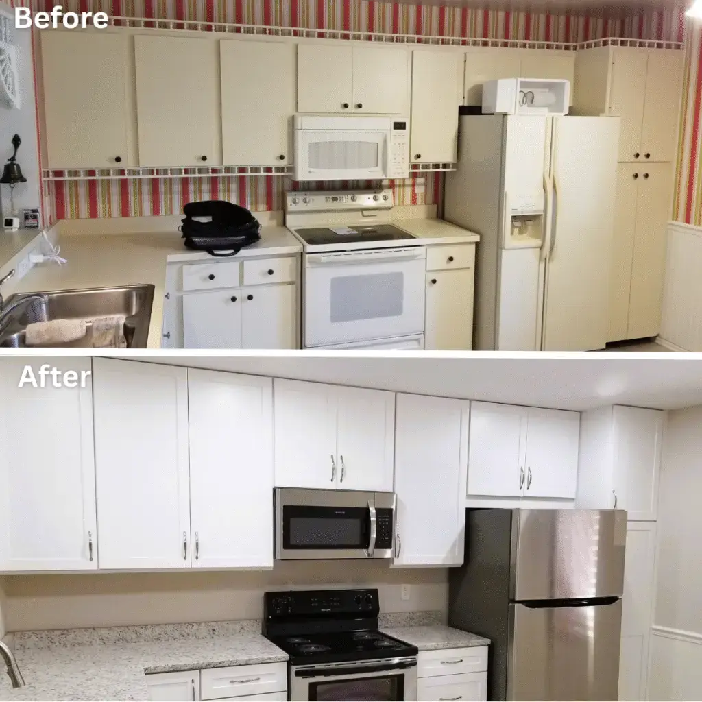 Before and after kitchen refresh with stock cabinets, updated paint and hardware