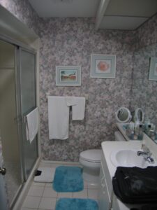 Before photo of dated Bradenton master bathroom with floral wallpaper