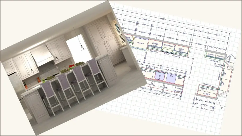 Diagram showing a wall being removed for a major kitchen remodel expansion.
