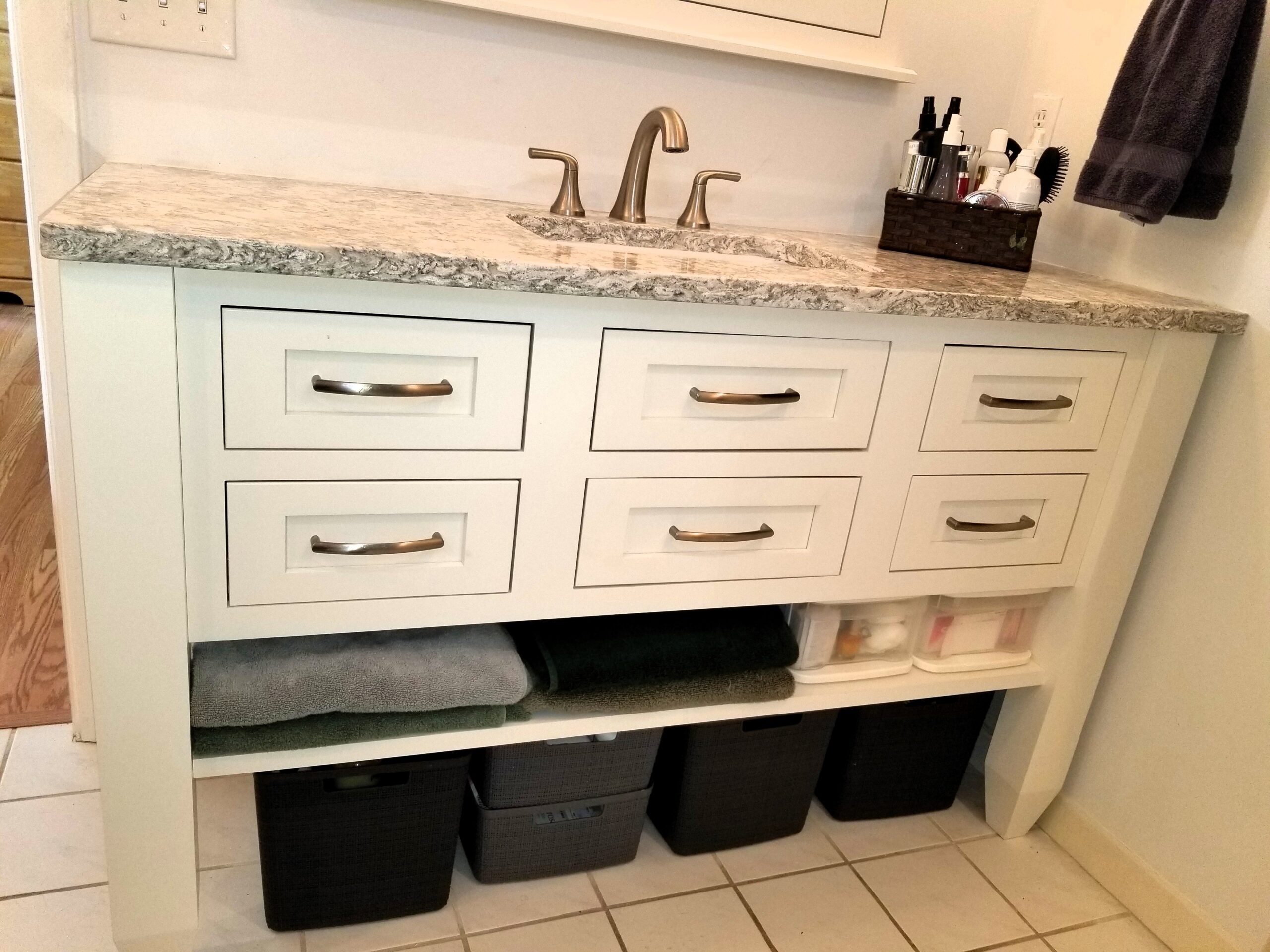 Furniture style guest bath vanity with Cambria quartz countertop