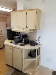 Inefficient cooking area before remodel in Ellenton, Florida mobile home kitchen