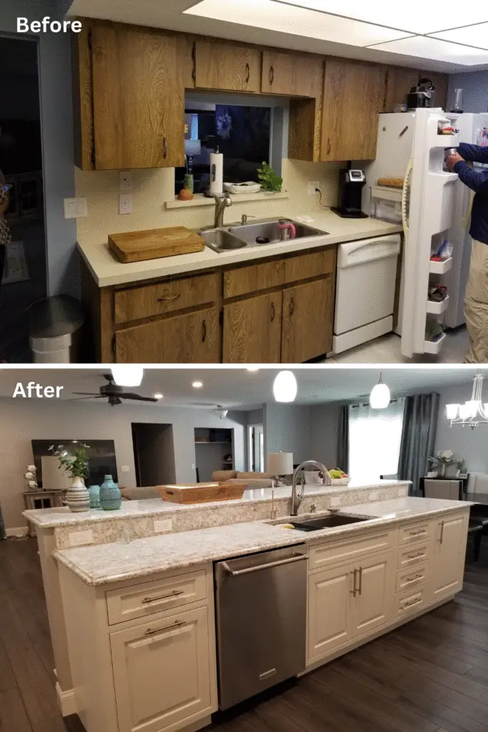 Before-and-after of a wall removal or open-concept kitchen
