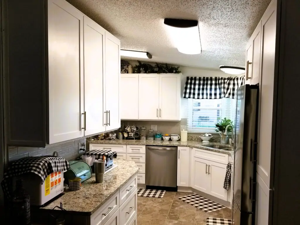 Stainless steel appliances and pantry cabinet with roll-out trays in remodeled mobile home kitchen