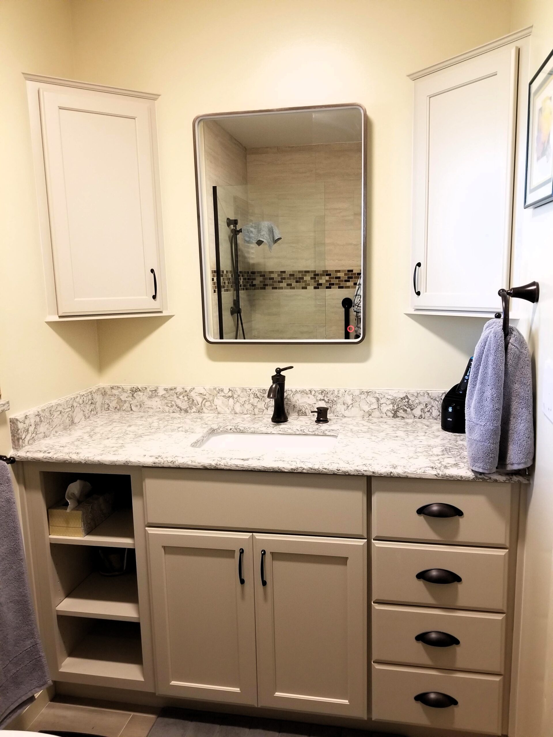 open linen storage and corner wall cabinets mushroom finish