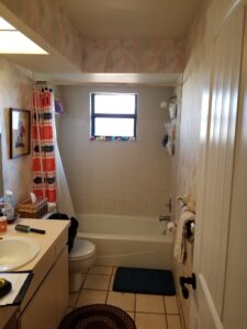 tired aesthetic from the 1980s in this hall bathroom before photo